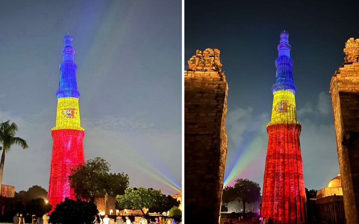 (video) Monumentul „Qutub Minar” din capitala Indiei a fost iluminat în culorile drapelului Moldovei