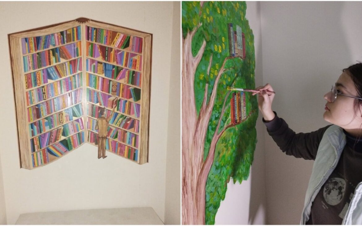 (foto) O tânără din Drochia a pictat pereții bibliotecii raionale